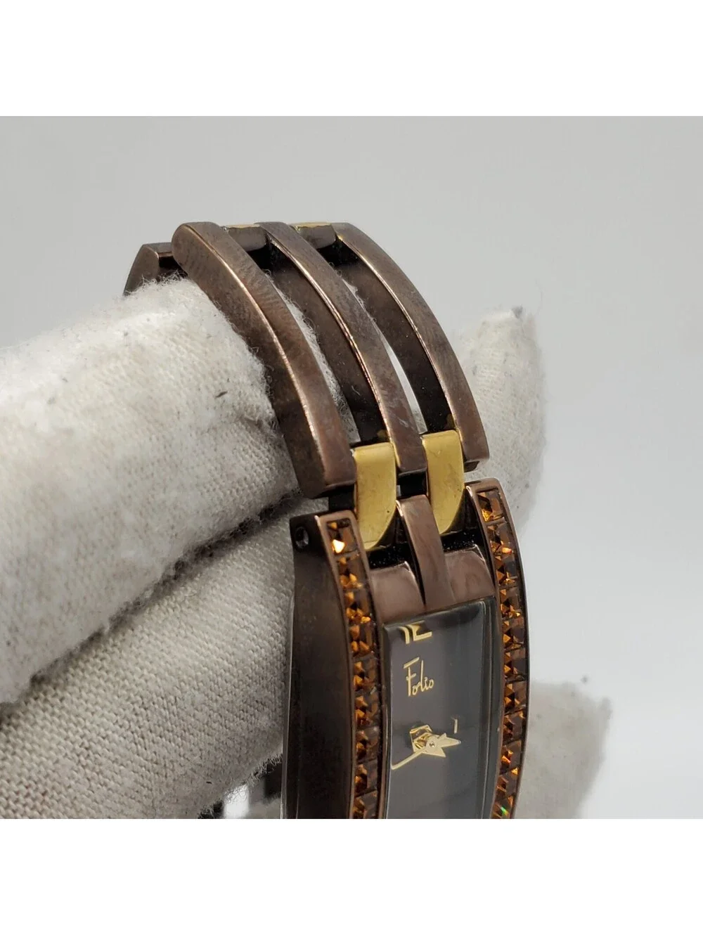Folio Quartz Watch Womens 17mm Two-Tone Rectangle New Battery